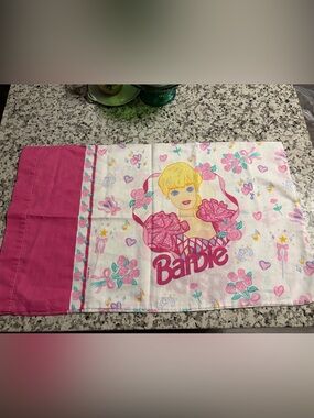 Vintage 1995 Barbie Pink and White Floral Graphic Pillowcase